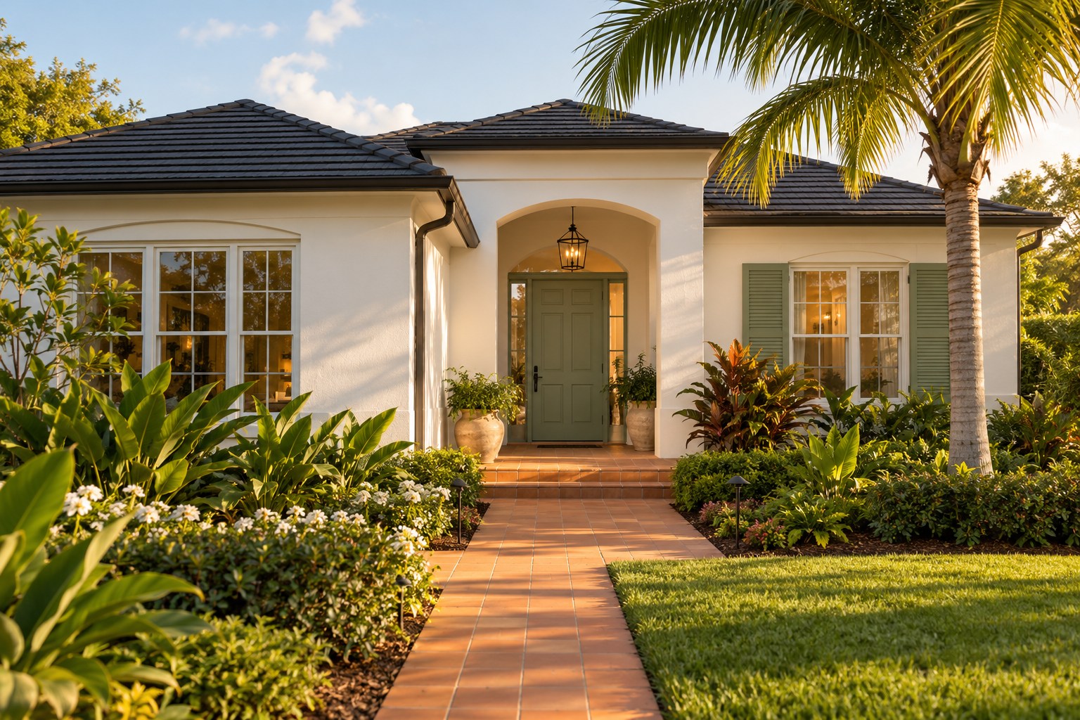 White Florida home with sage accents and tropical landscaping
